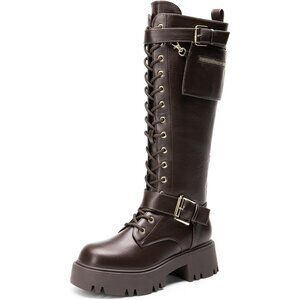Women's Leather Brown Combat Platform Knee High Lace Up Boots Motorcycle Boots